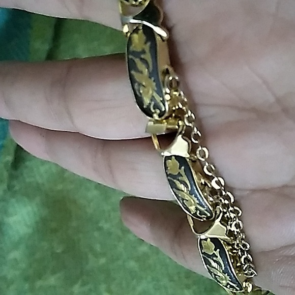 Vintage Damascene Panel Bracelet w/24K Gold Inlay Bird & Floral - Picture 5 of 8